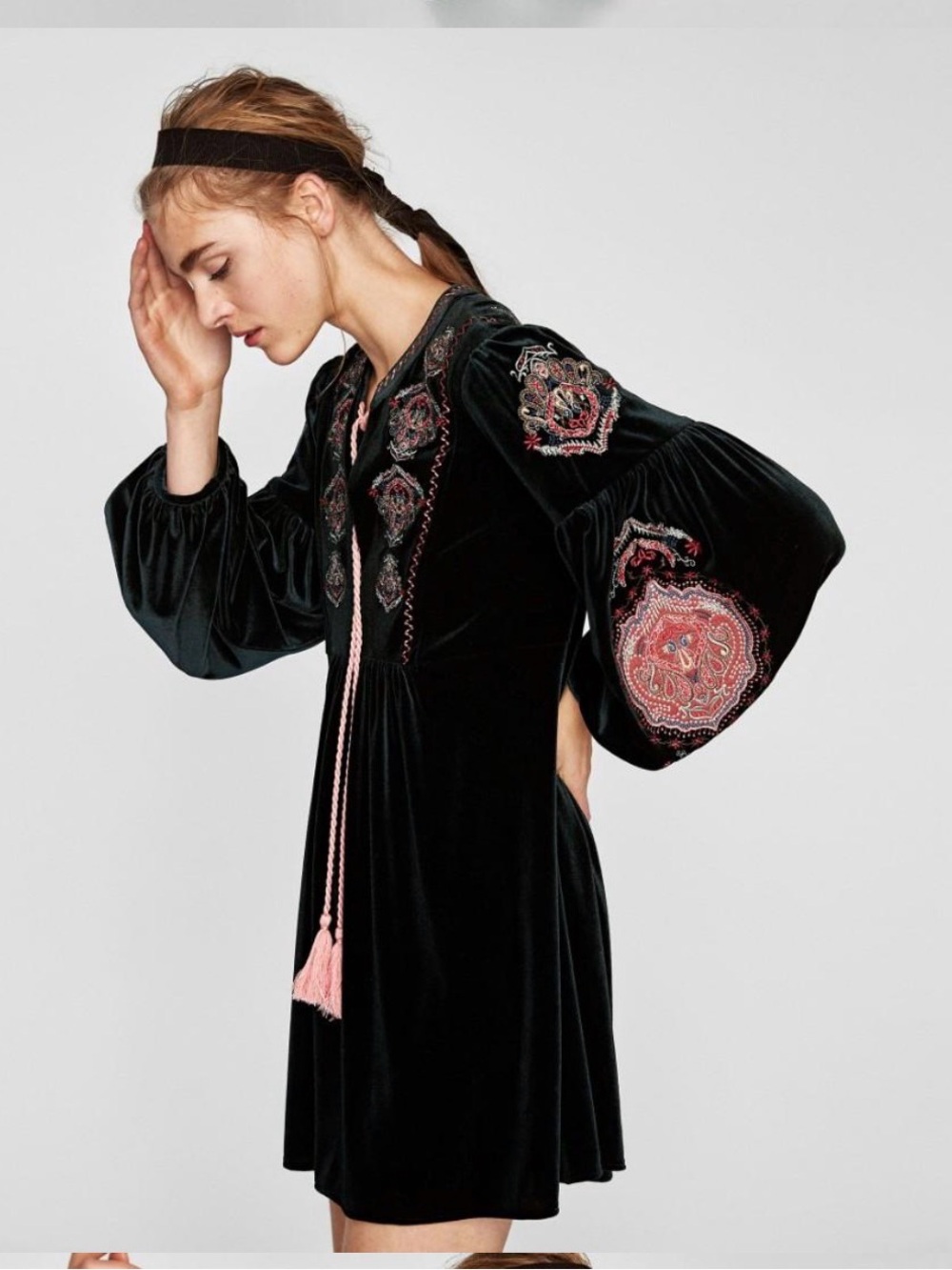 Zara green Velvet Embroidered Babydoll Dress with Pink Accents - Picture 3 of 10